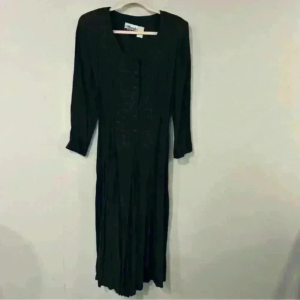 Vintage Marnie West Black Embroidered Long Sleeve Jumpsuit Button Up Size 10